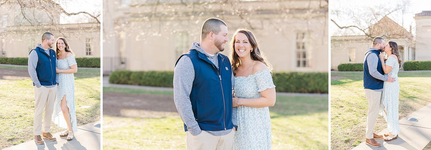 Three photos of an engaged couple posing together outdoors near neoclassical architecture on a sunny day.