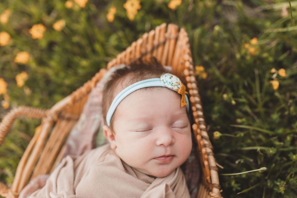 Sleeping baby wearing a delicate headband rests peacefully in a woven basket outdoors among greenery and flowers.