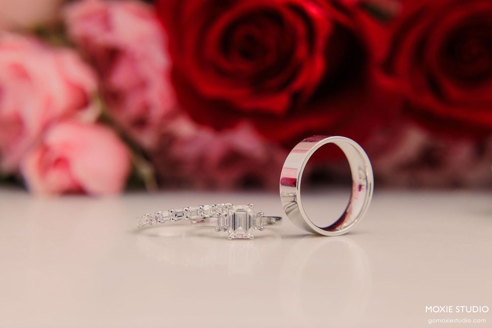 Wedding rings and pink roses create a romantic composition against a soft blurred background.