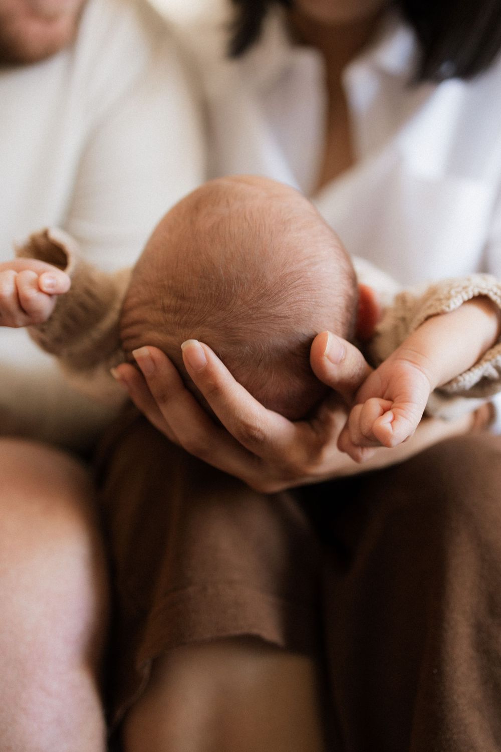 Gentle hands cradle a newborn's head against a soft brown and white background in an intimate family portrait.