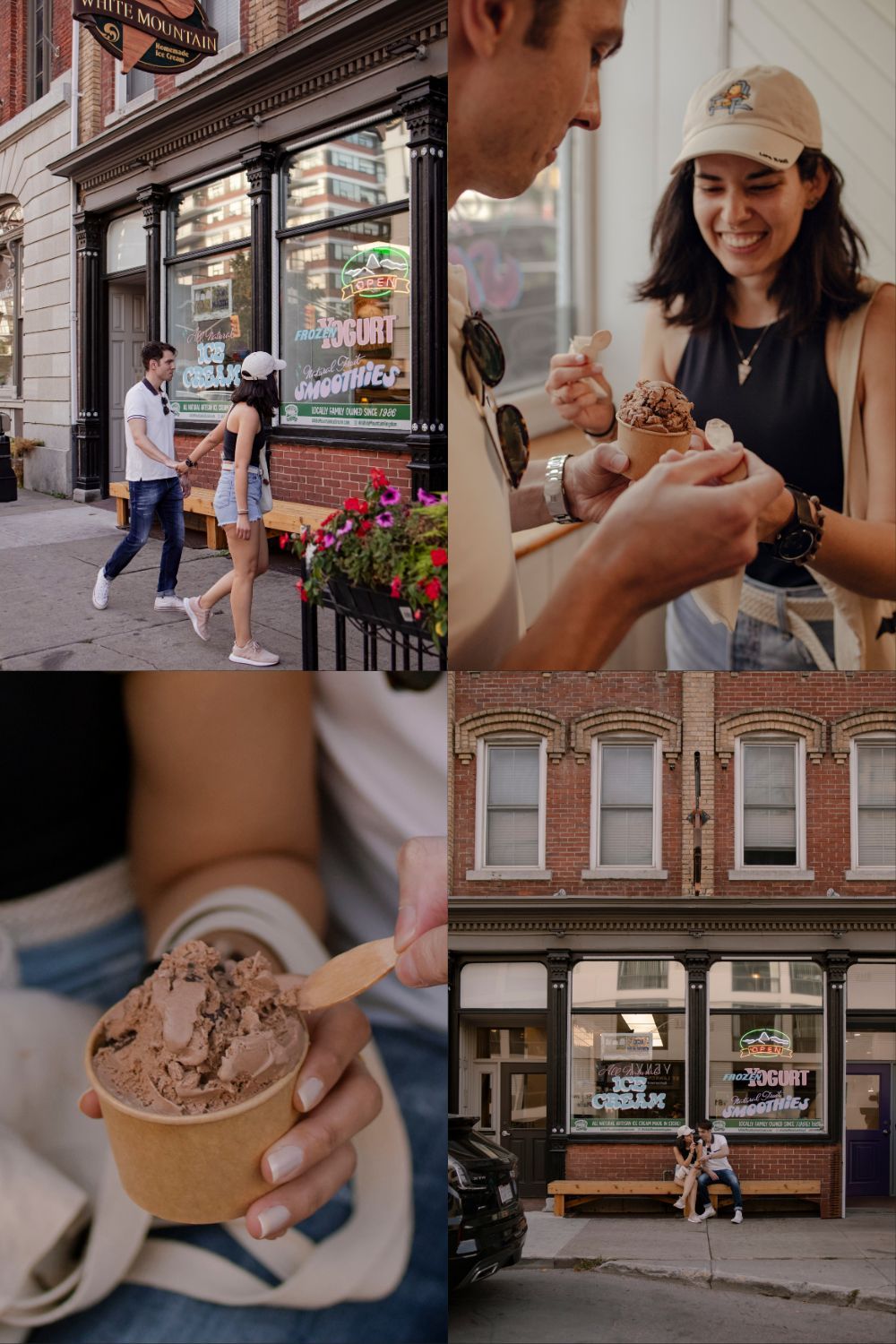 Couple walking outside White Mountain ice cream shop in downtown Kingston during fall evening photoshoot.