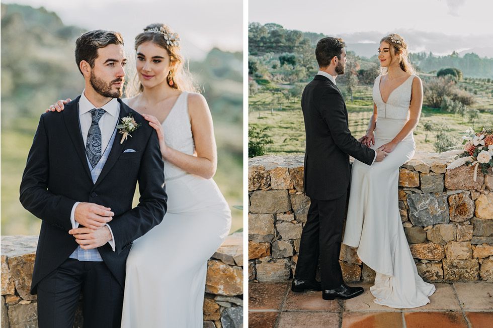 Elegant outdoor wedding photo session featuring a couple in formal attire against scenic mountain backdrop.