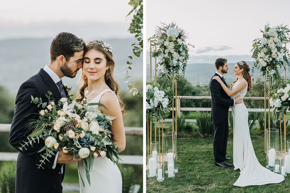 A couple shares intimate moments at an elegant outdoor wedding ceremony with floral arrangements and mountain views.