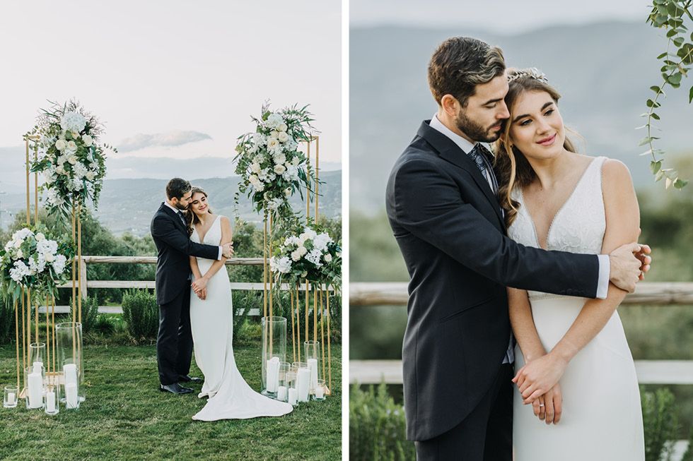 Intimate wedding portraits captured outdoors with elegant floral decor and mountain scenery.