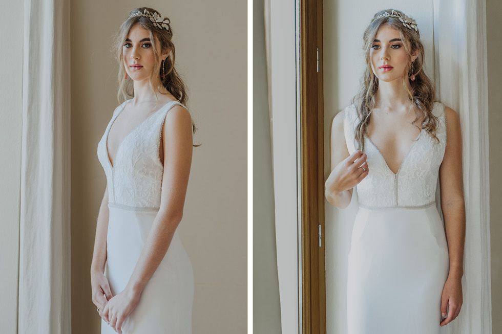 Two views of an elegant white sleeveless wedding dress with plunging neckline and fitted silhouette.