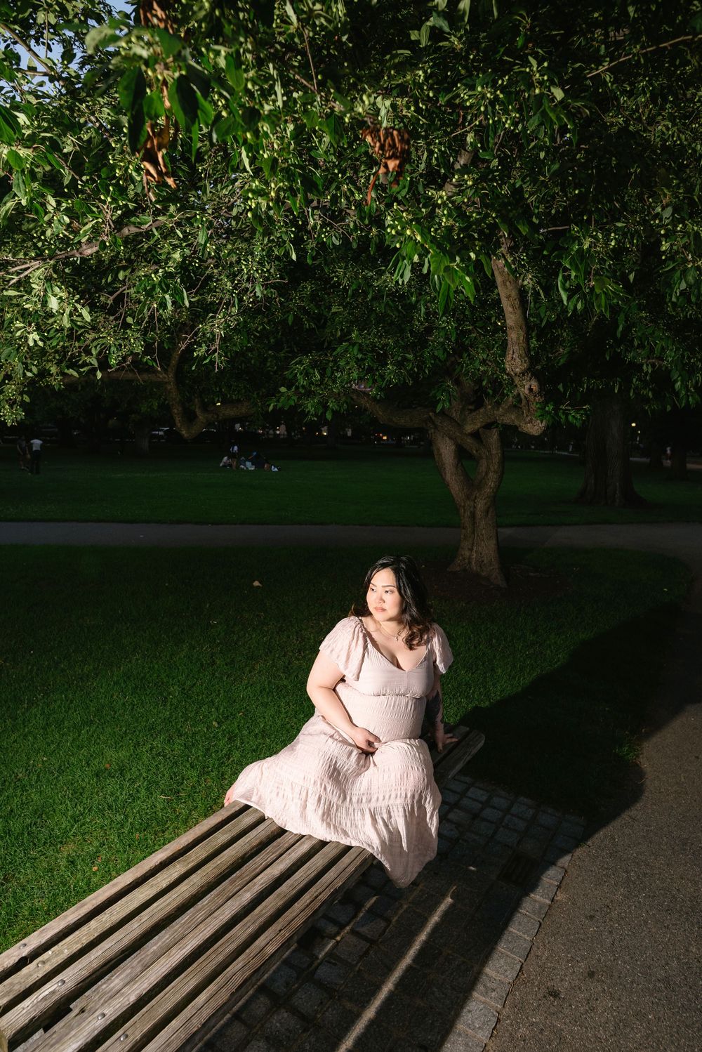 Woman in pink dress sitting on park bench under lush green trees in golden hour sunlight.