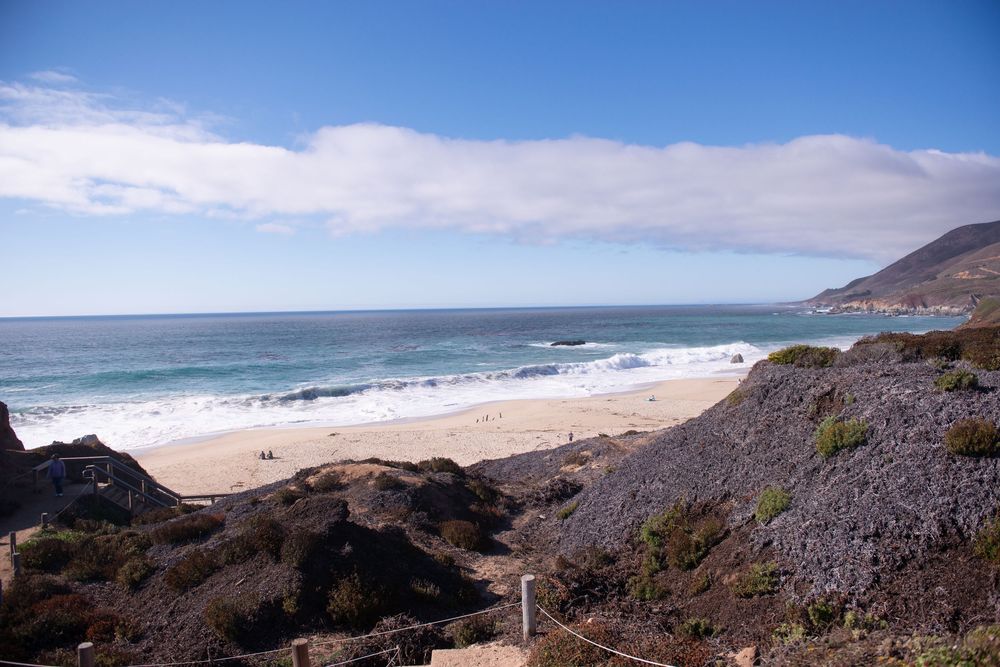 Scenic coastal view of a sandy beach with crashing waves and rocky cliffs along California's Big Sur coastline.