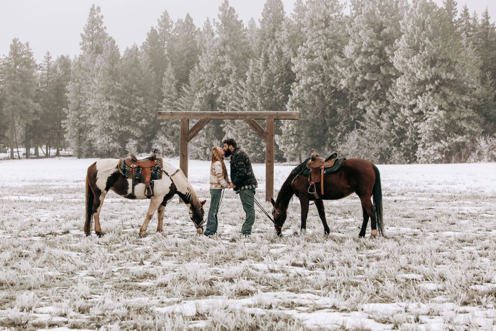 Cle Elum, WA Engagement session couple kissing in snowy field with horses.