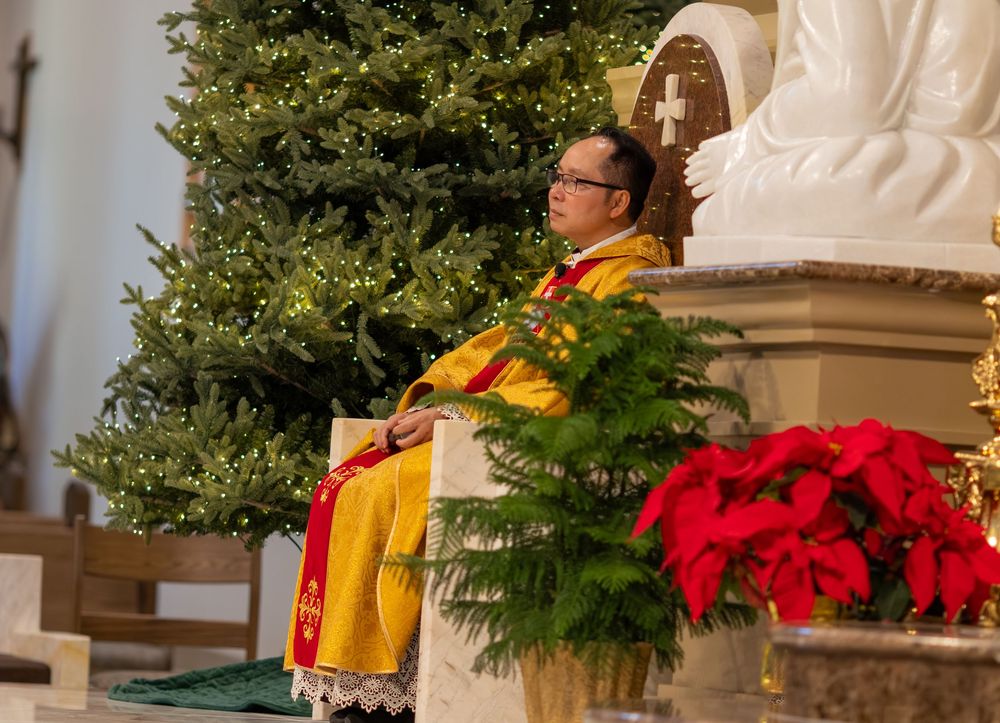 Priest conducting a Catholic ceremony wedding with Roman Catholic readings for weddings at the altar.