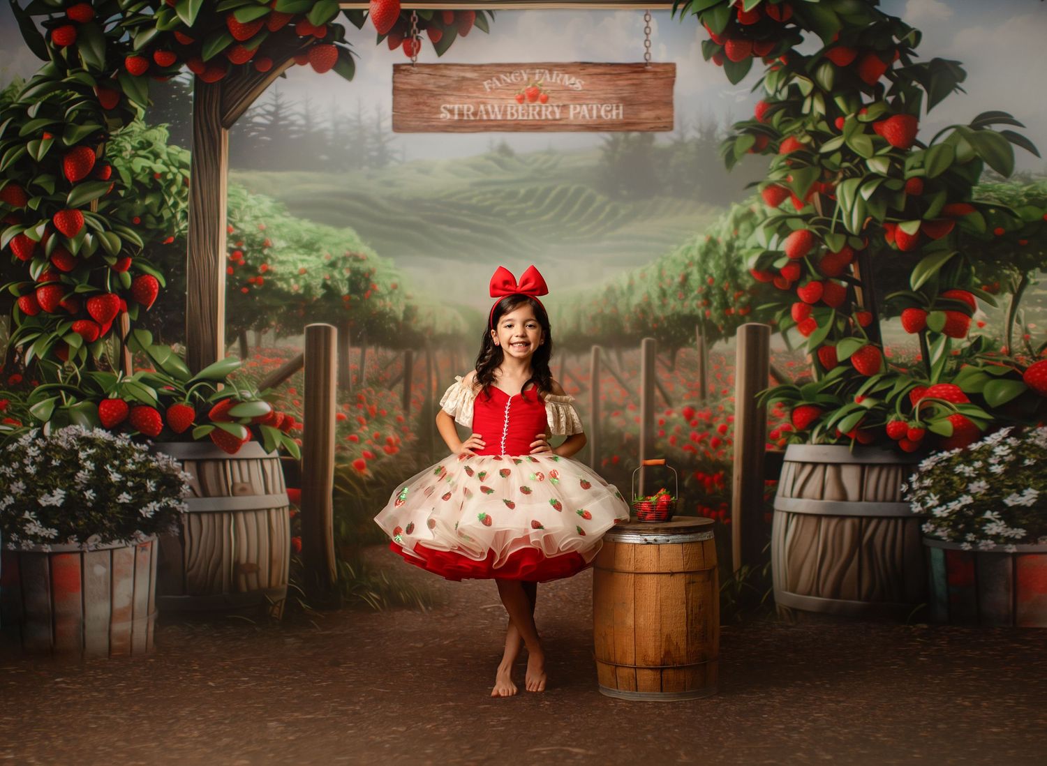A rustic wooden backdrop decorated with lush red apple trees and barrels creates a charming photo setting.