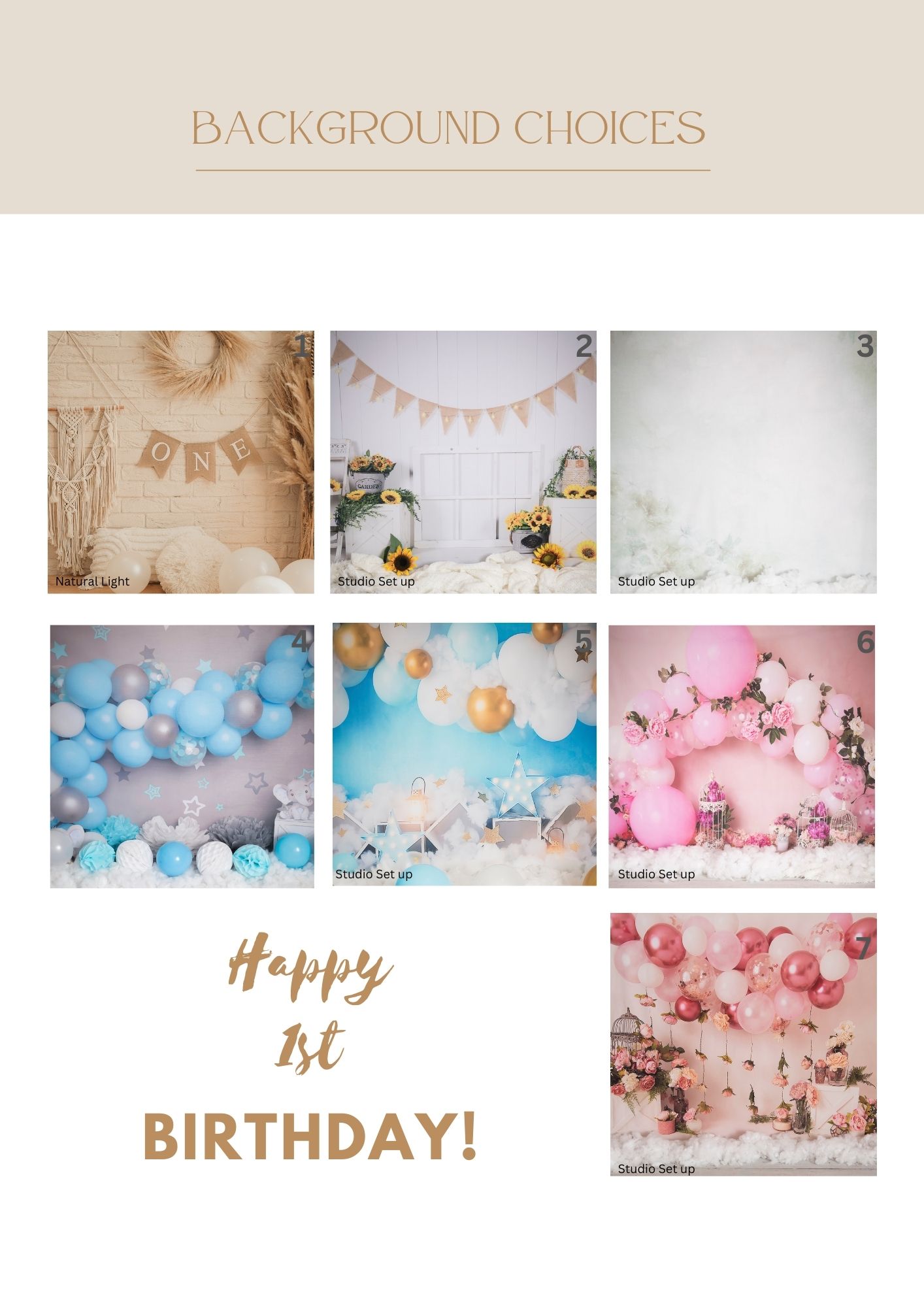 Collection of birthday photo backdrop options featuring rustic, floral, and balloon designs in beige, blue, and pink color schemes.