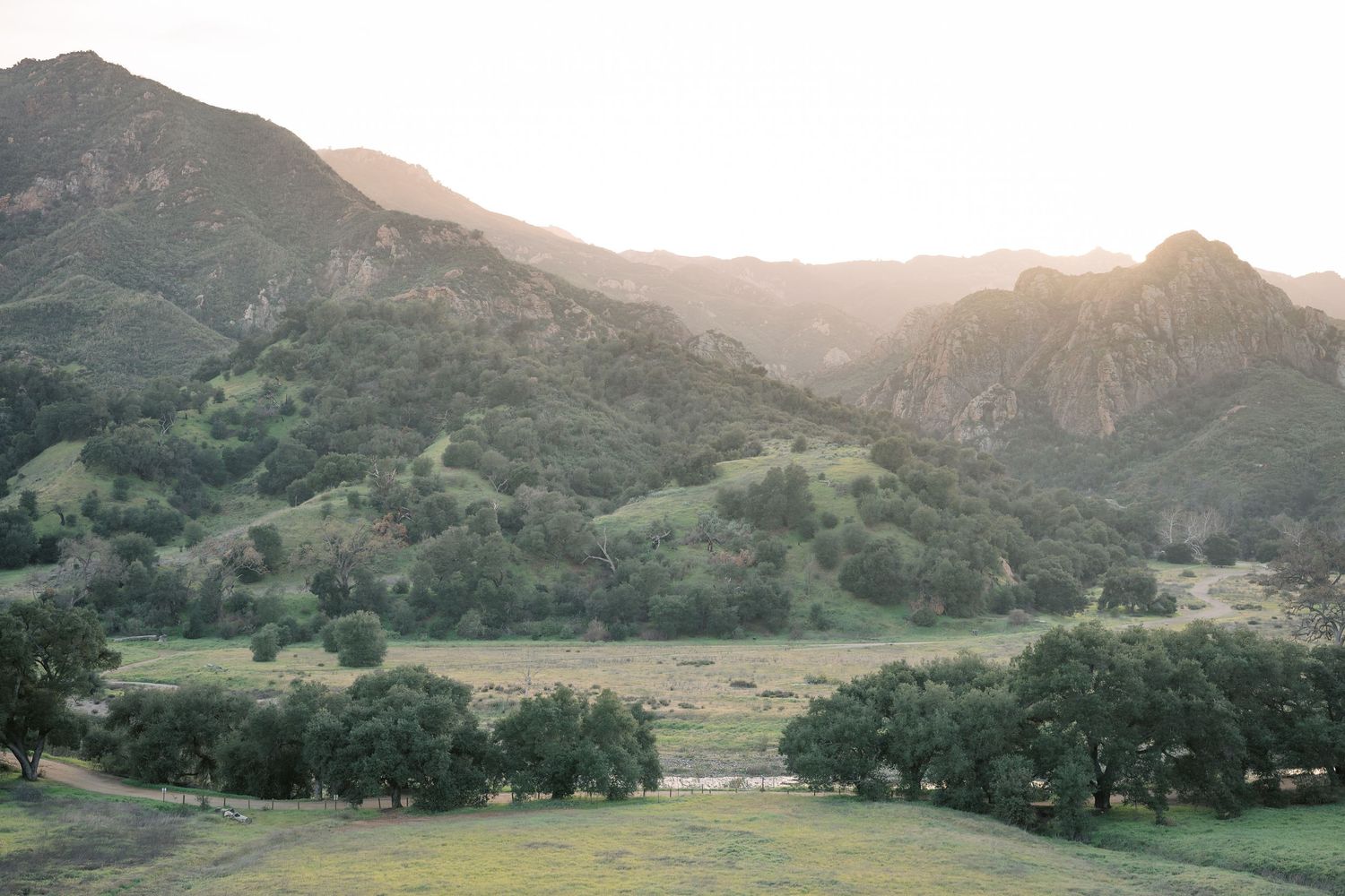 Scenic mountain landscape with rolling hills and oak trees at sunset in a serene valley.