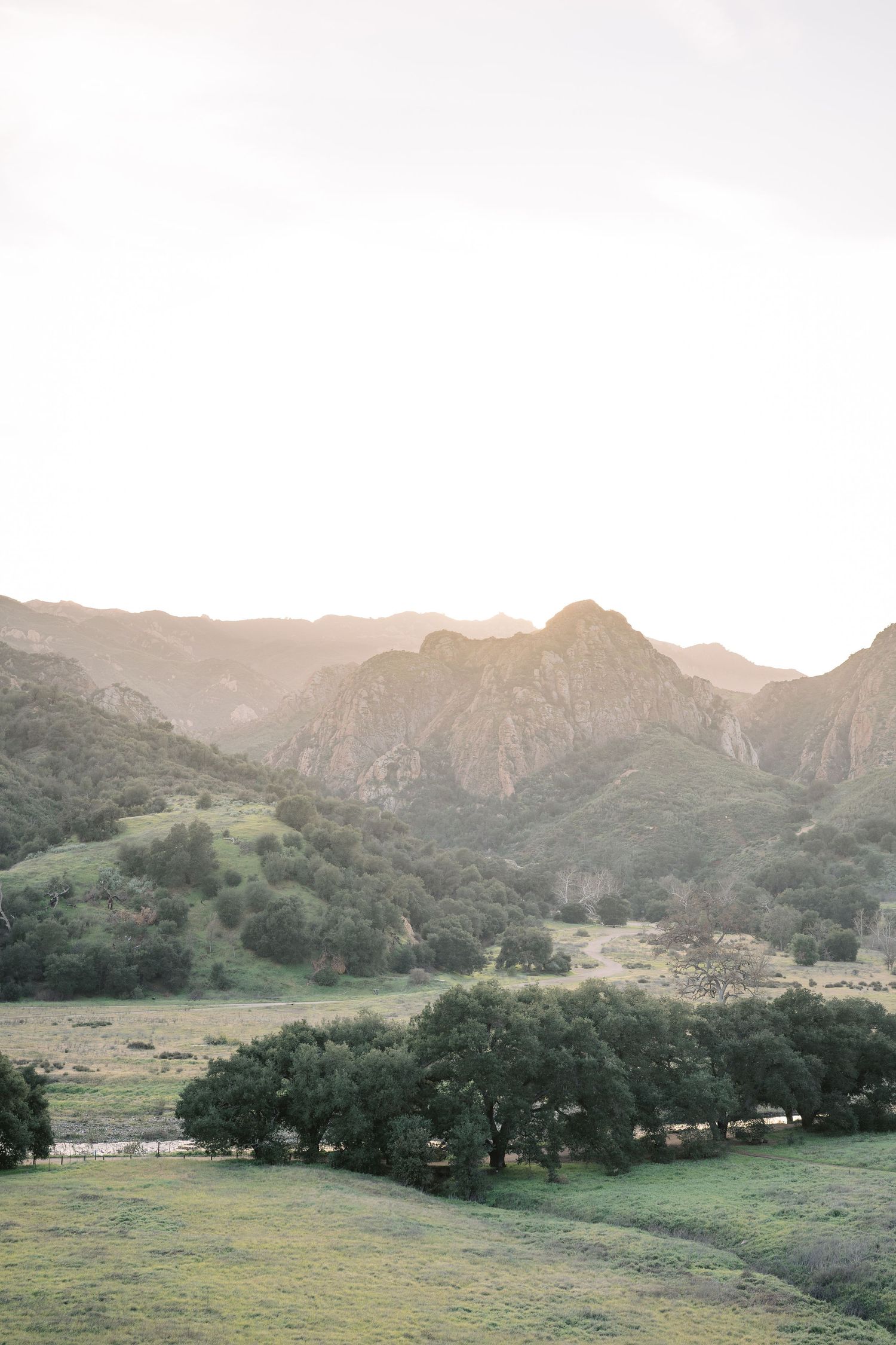 Panoramic view of a serene mountain valley with green meadows and scattered oak trees at sunset.