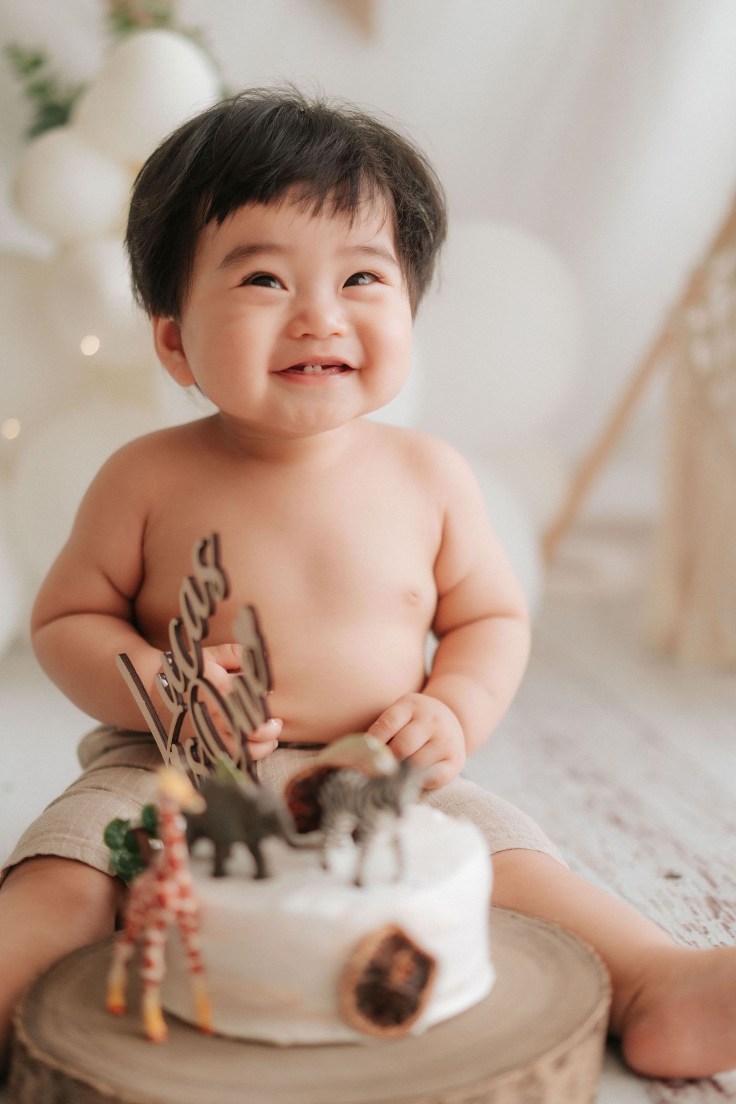 Baby playing with toy dinosaurs on white blanket during photo session.