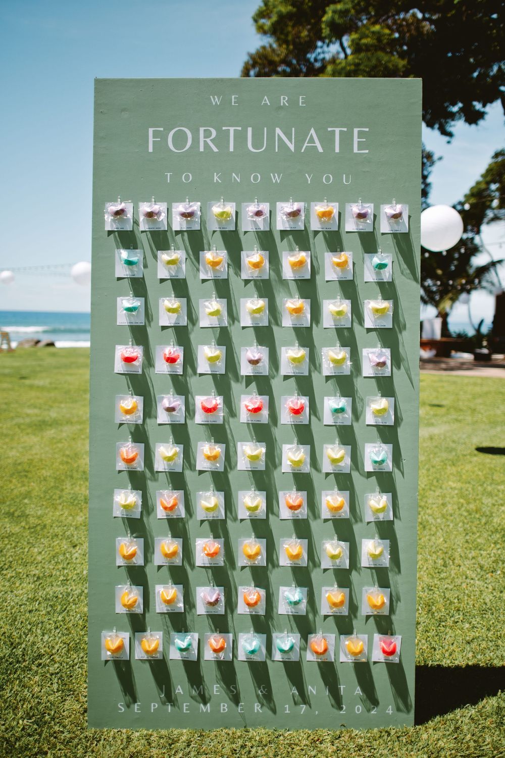 A sage green wedding seating chart display board with individual escort cards arranged in a grid pattern on a sunny lawn.