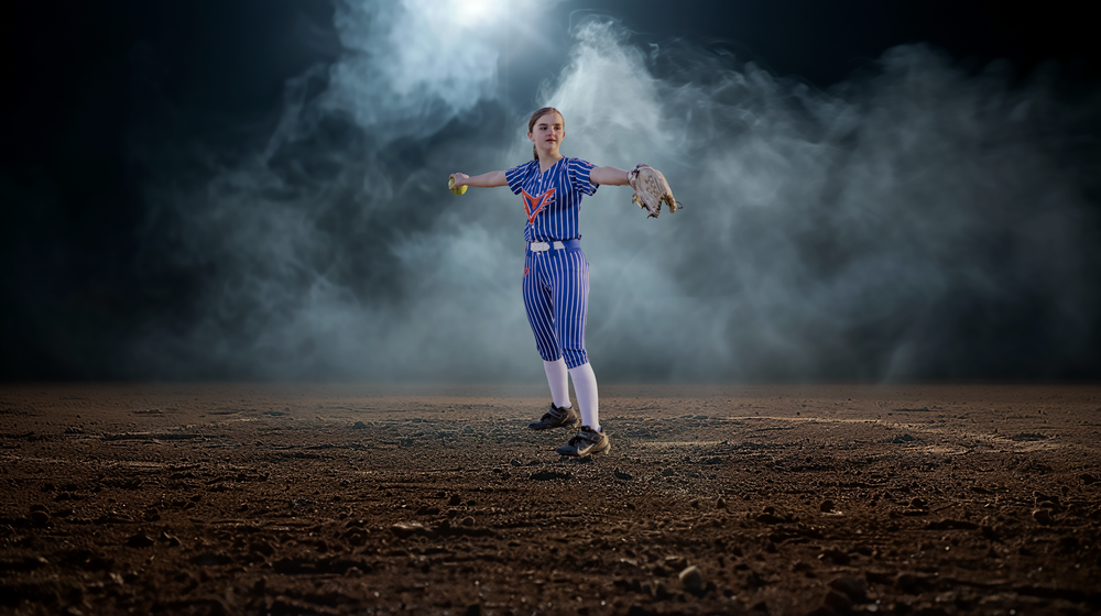 Dramatic smoky baseball field panorama with stadium lights illuminating the dark scene.