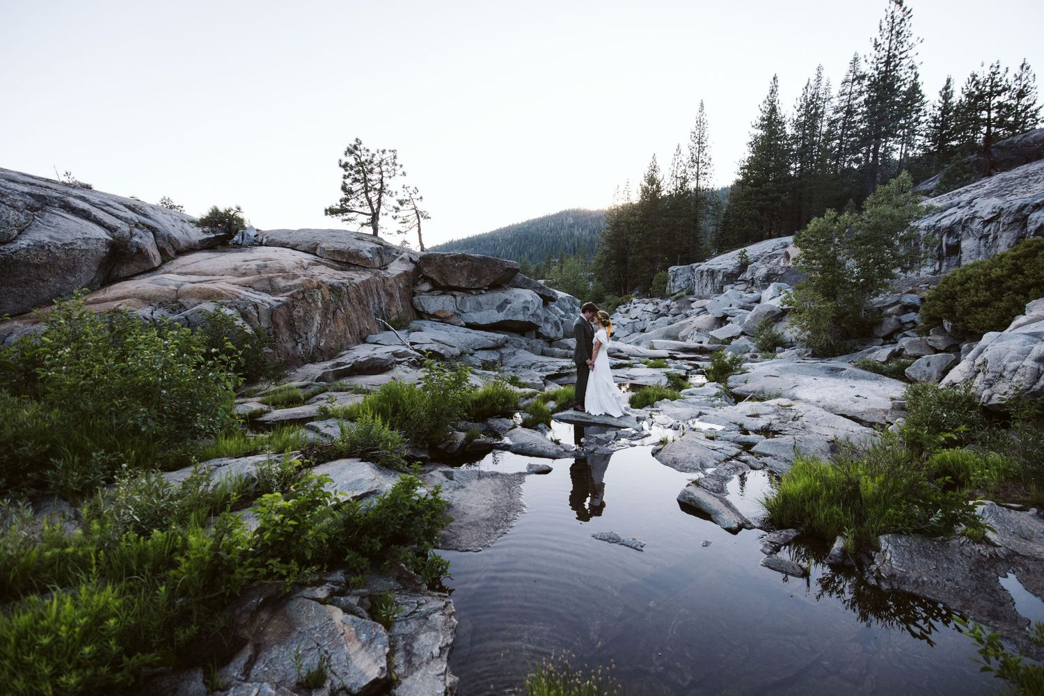 Mountain landscape with reflective pools of water on rocky terrain surrounded by evergreen trees.