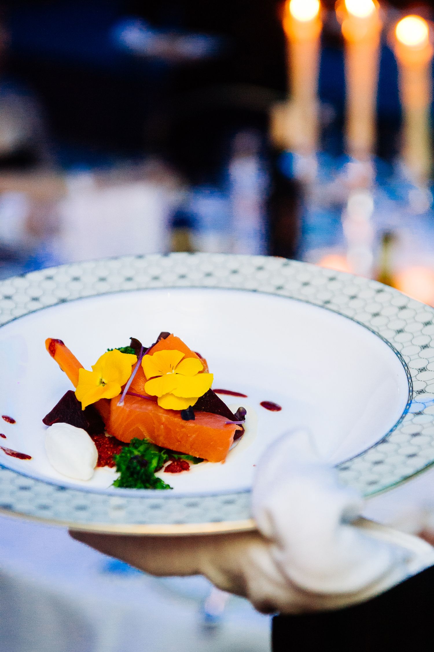Elegant plated dishes with colorful garnishes in a fine dining setting.