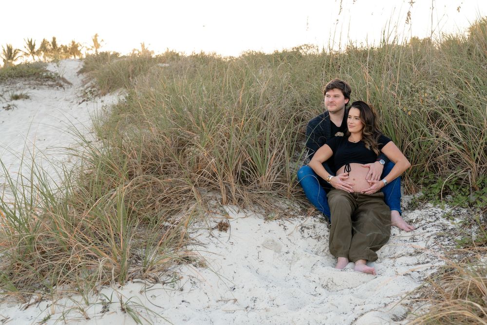 Scenic beach photoshoot series with sandy paths through sea grass and dunes at sunset.