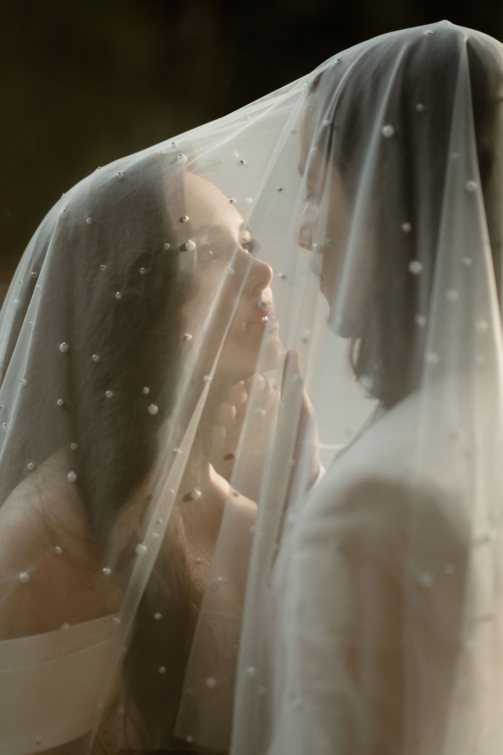A romantic wedding portrait showing a couple embracing under a delicate white veil with scattered sparkles and soft lighting.