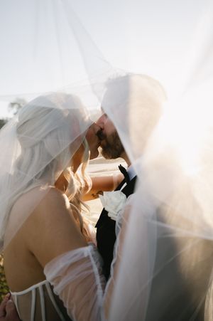 Romantic wedding couple sharing an intimate moment under a flowing white veil in soft natural light.