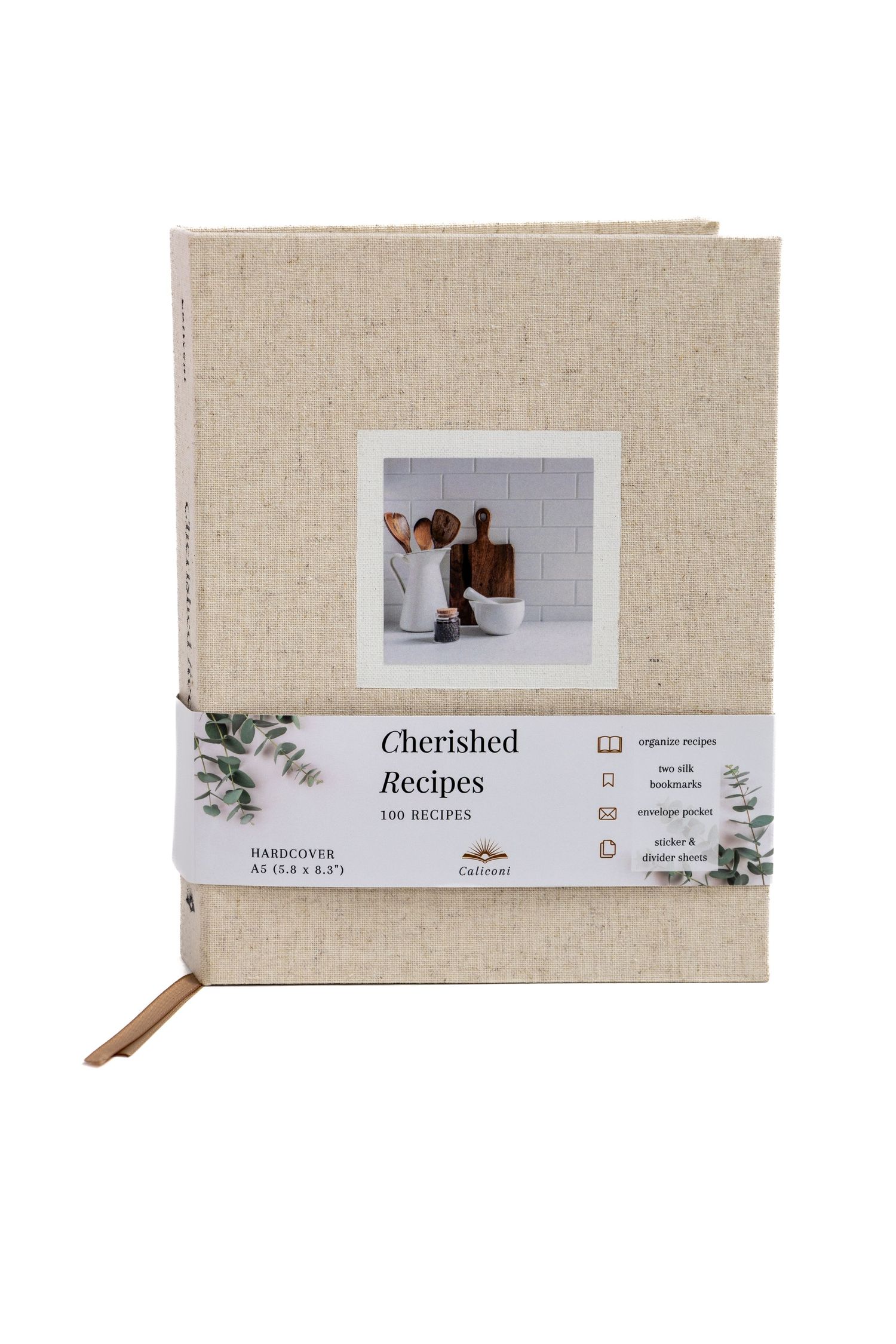 Cherished Recipes hardcover linen recipe book with eucalyptus design holding 100 recipes with silk bookmarks.