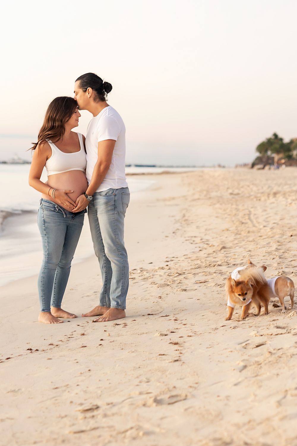 A couple walks along a sandy beach at sunset with their small dog following behind them.