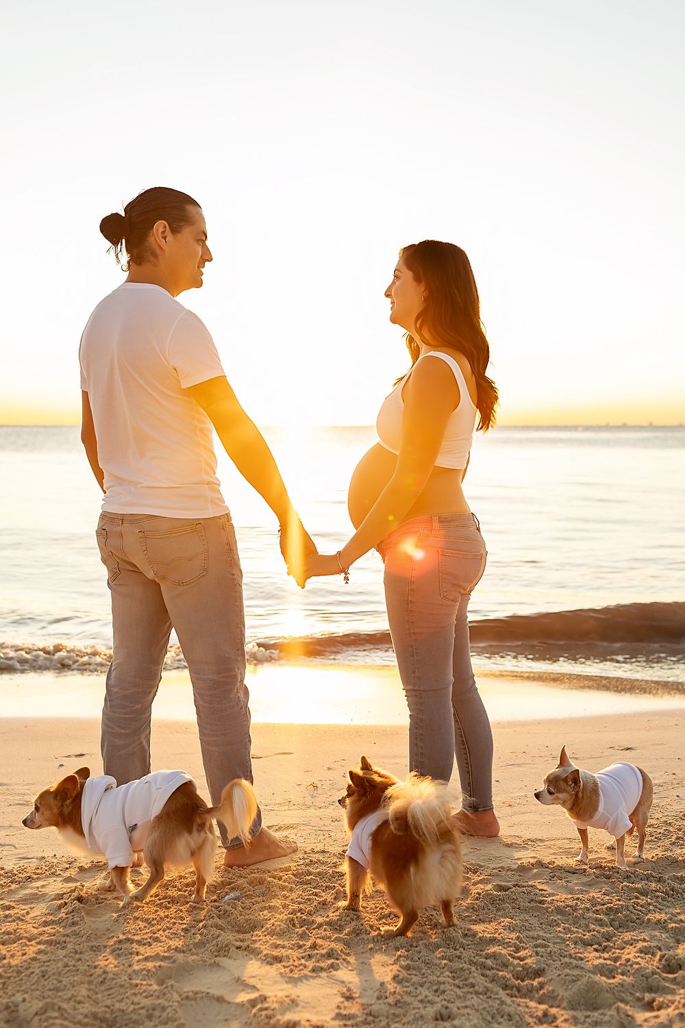 Expecting couple stands on beach at sunset with three small dogs wearing white sweaters.