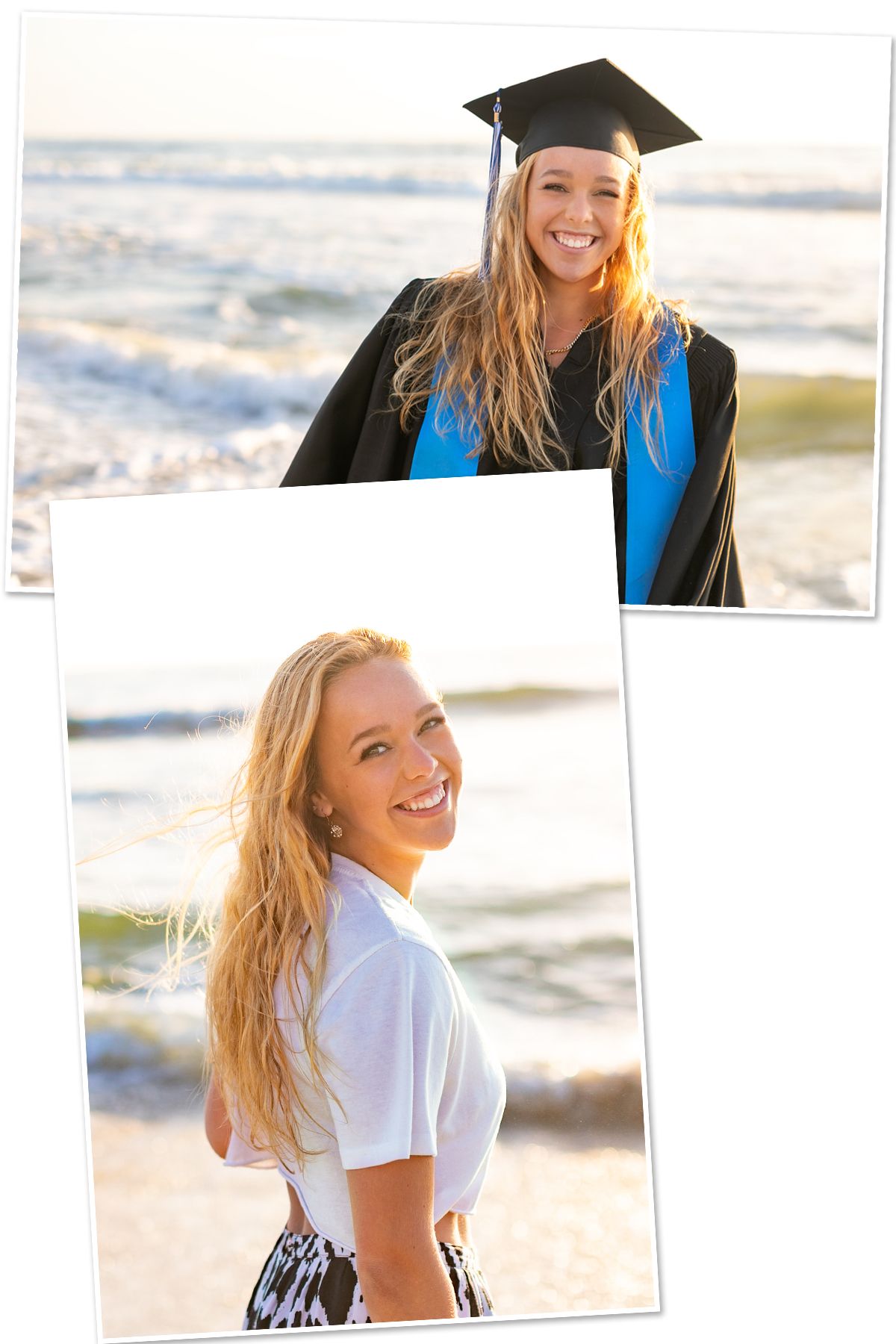 Graduate in cap and gown smiles on beach during sunset, paired with casual portrait in white shirt at same location.