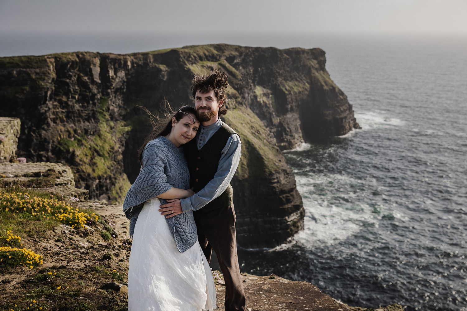 Destination elopement at Hags Head with spring seapinks and golden sunset light along the Wild Atlantic Way