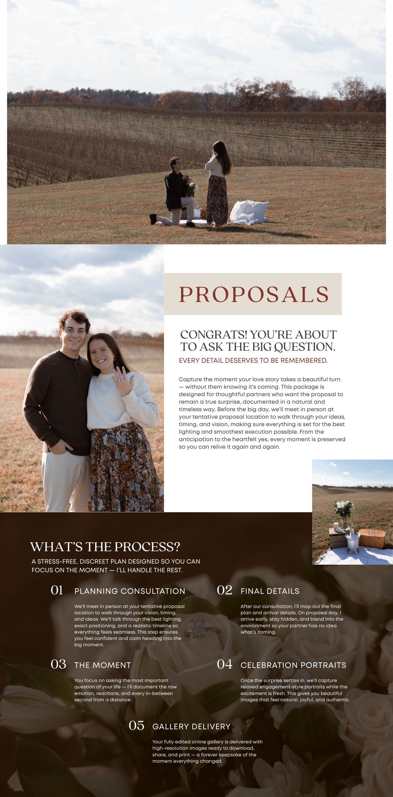 A romantic wedding photo banner shows a couple embracing alongside elegant white floral arrangements.