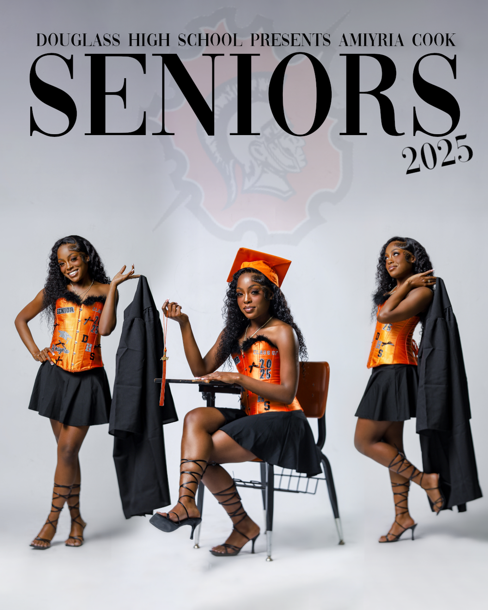 A graduation-themed studio photo shoot with three poses showing a person in an orange corset and black skirt against white background.