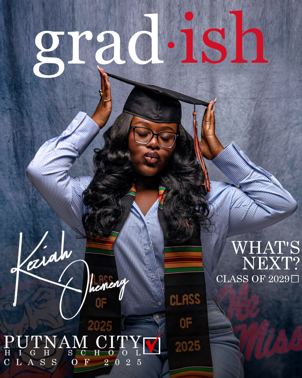 A graduate in cap and gown poses with hands up for a graduation photo with text overlay.