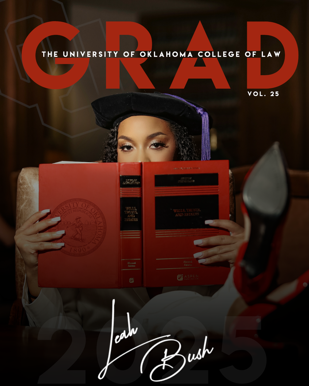 Graduate in academic regalia poses with red diploma folder for The University of Oklahoma College of Law GRAD magazine cover.
