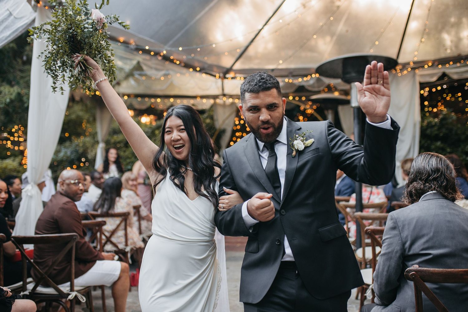 A series of joyful wedding celebration moments captured under a white tent with string lights at Inn of the Seventh Ray.