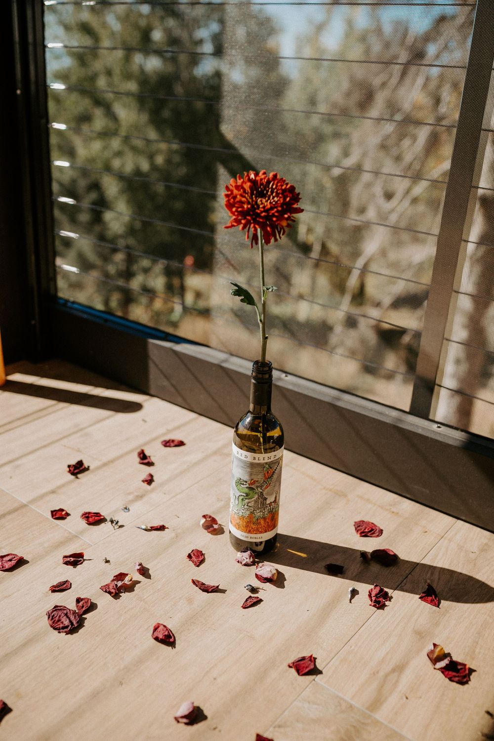 Red flower in vase with scattered rose petals on white tablecloth near sunlit window.