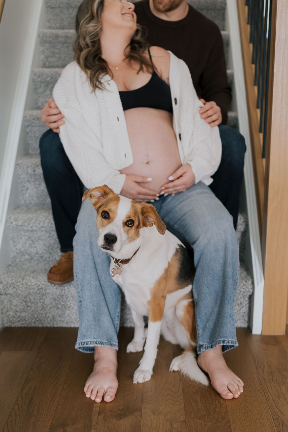 Couple sitting on stairs with beagle dog posing in front, pregnant woman's belly visible in foreground.