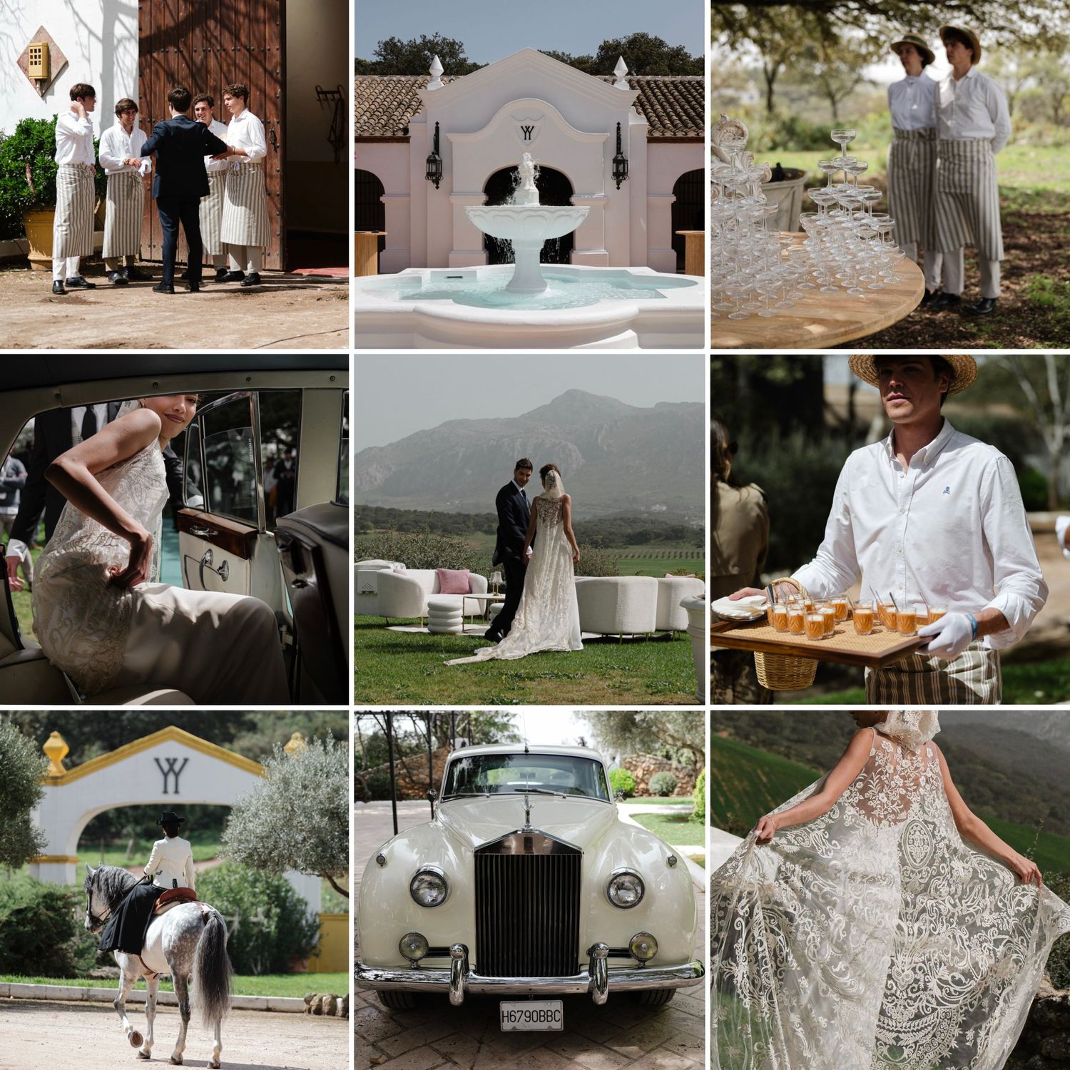 Elegant wedding venue collage featuring a fountain, couple portraits, Rolls-Royce, horse, and catering staff in scenic outdoor setting.