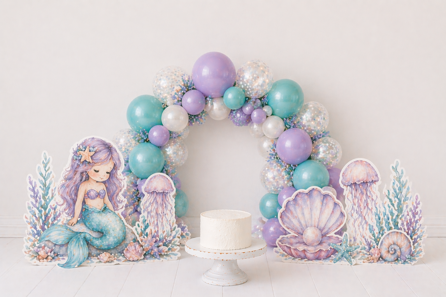 Mermaid first birthday cake smash setup with balloon arch, pastel teal and purple decor, and “Our Little Mermaid is ONE” backdrop.