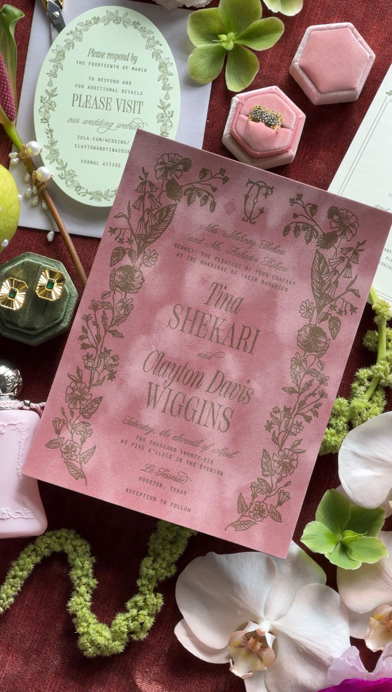 Pink floral wedding invitation suite for Tina Shekari and Clayton Davis Wiggins, styled with velvet ring boxes and orchids.