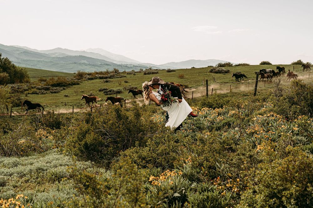 Couple embracing in a lush green meadow with grazing horses and rolling mountains in the background.