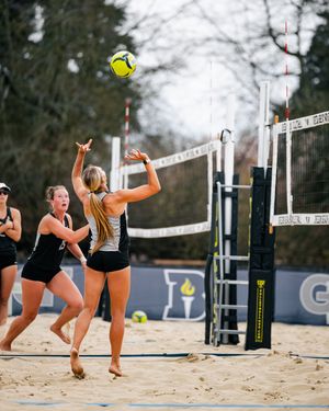 Women playing beach volleyball, one player setting the ball near the net on a sandy court with trees in the background.