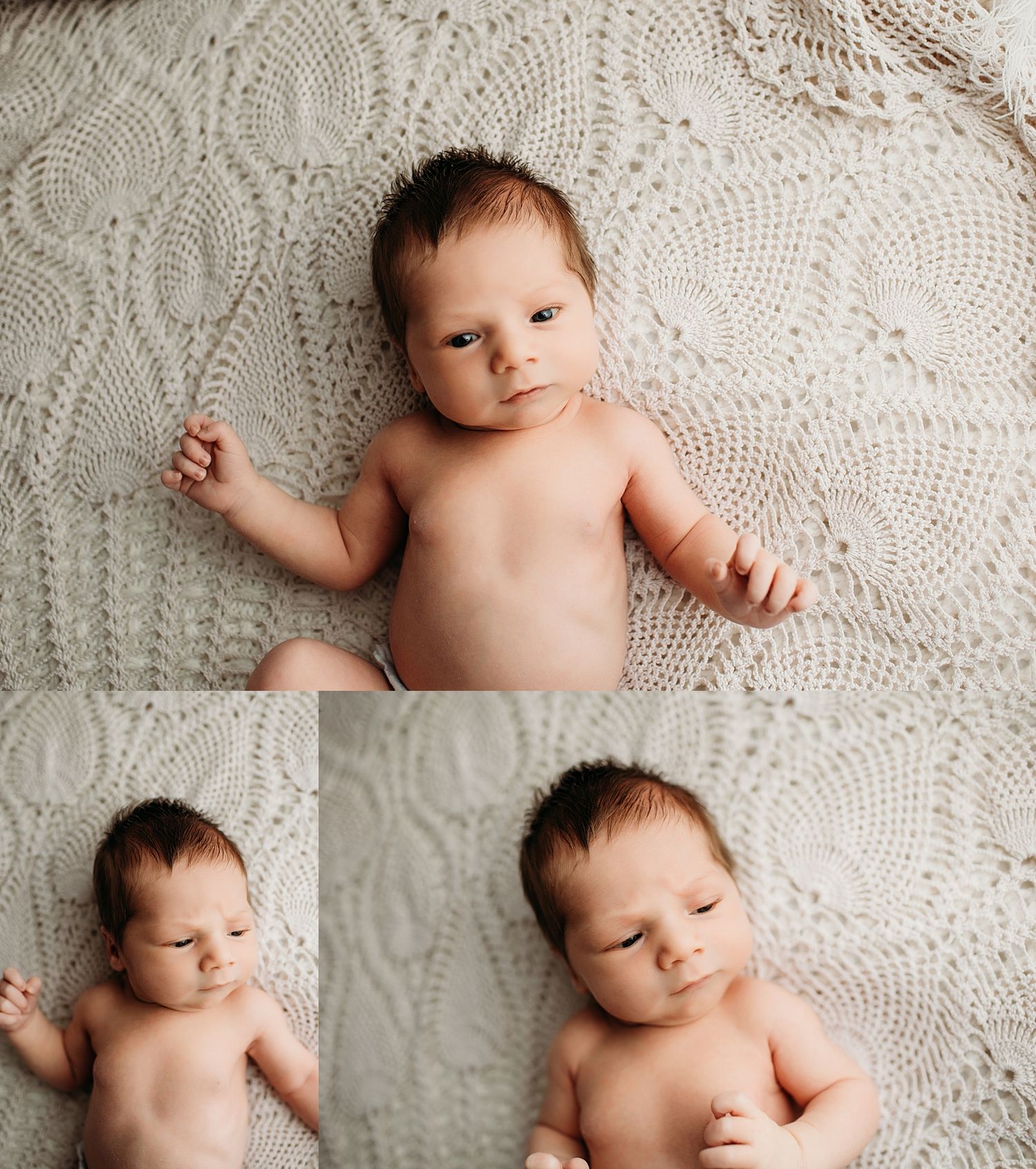 Newborn baby lying on cream crochet blanket in three-panel collage, eyes open and closed, professional infant photography.
