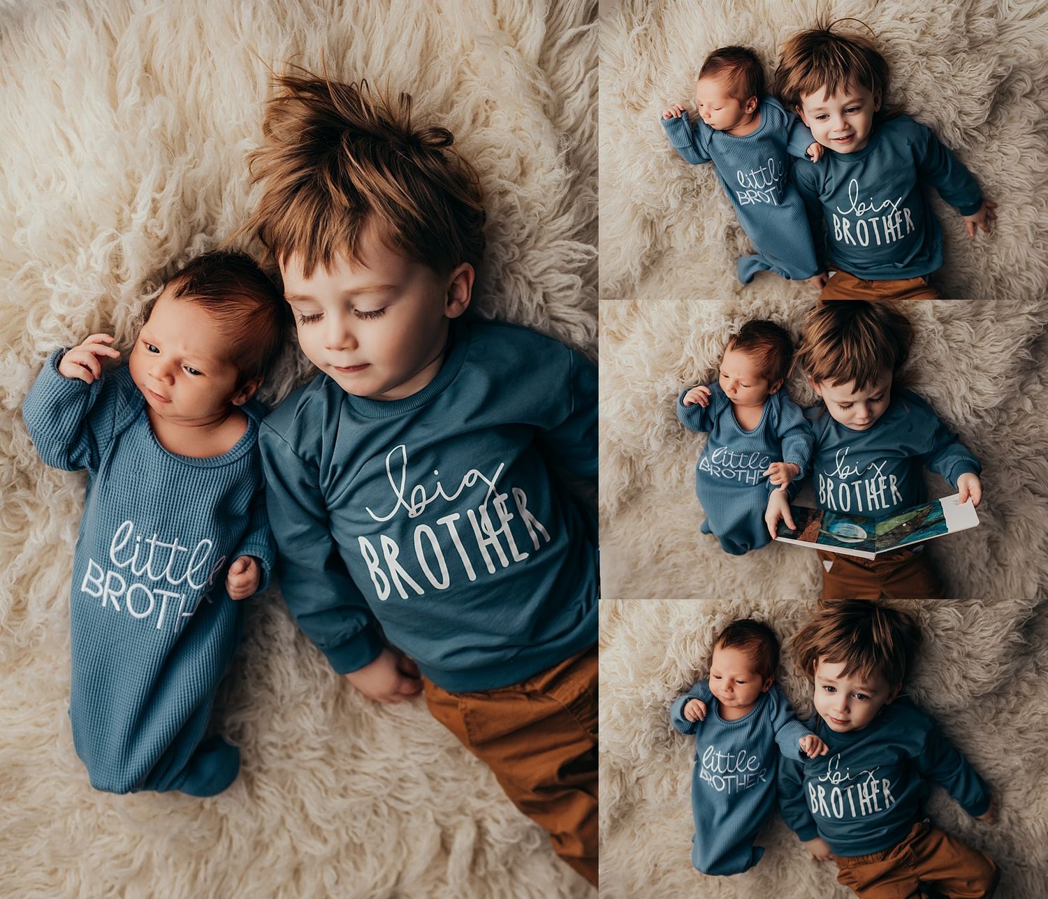 Two brothers, a toddler and newborn, wear matching blue Big Brother and Little Brother outfits in a sweet sibling photo session.