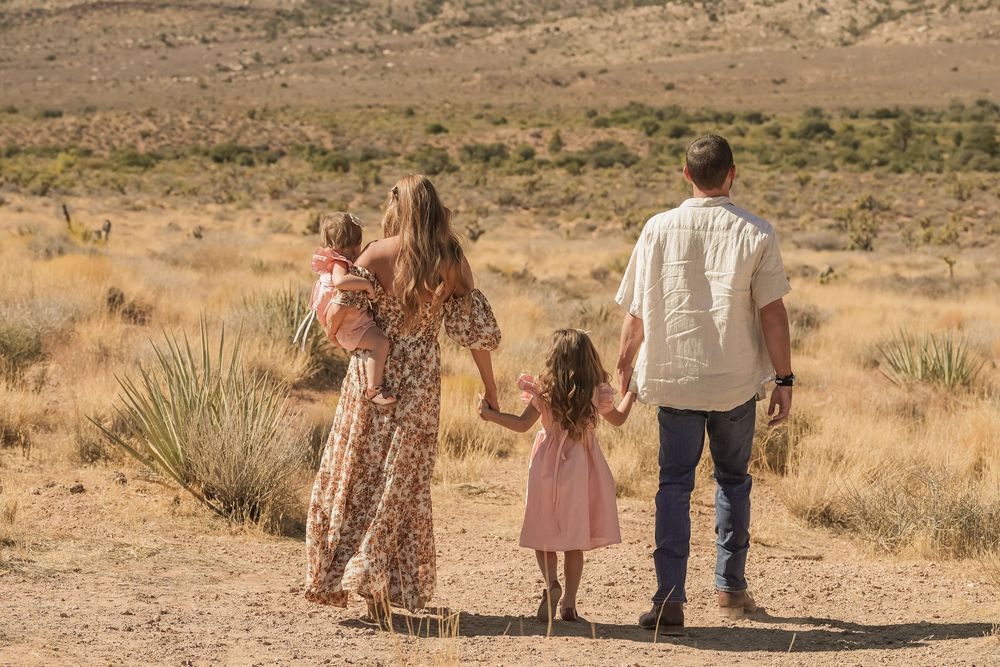 Family of four walking hand in hand through a scenic desert landscape from behind.