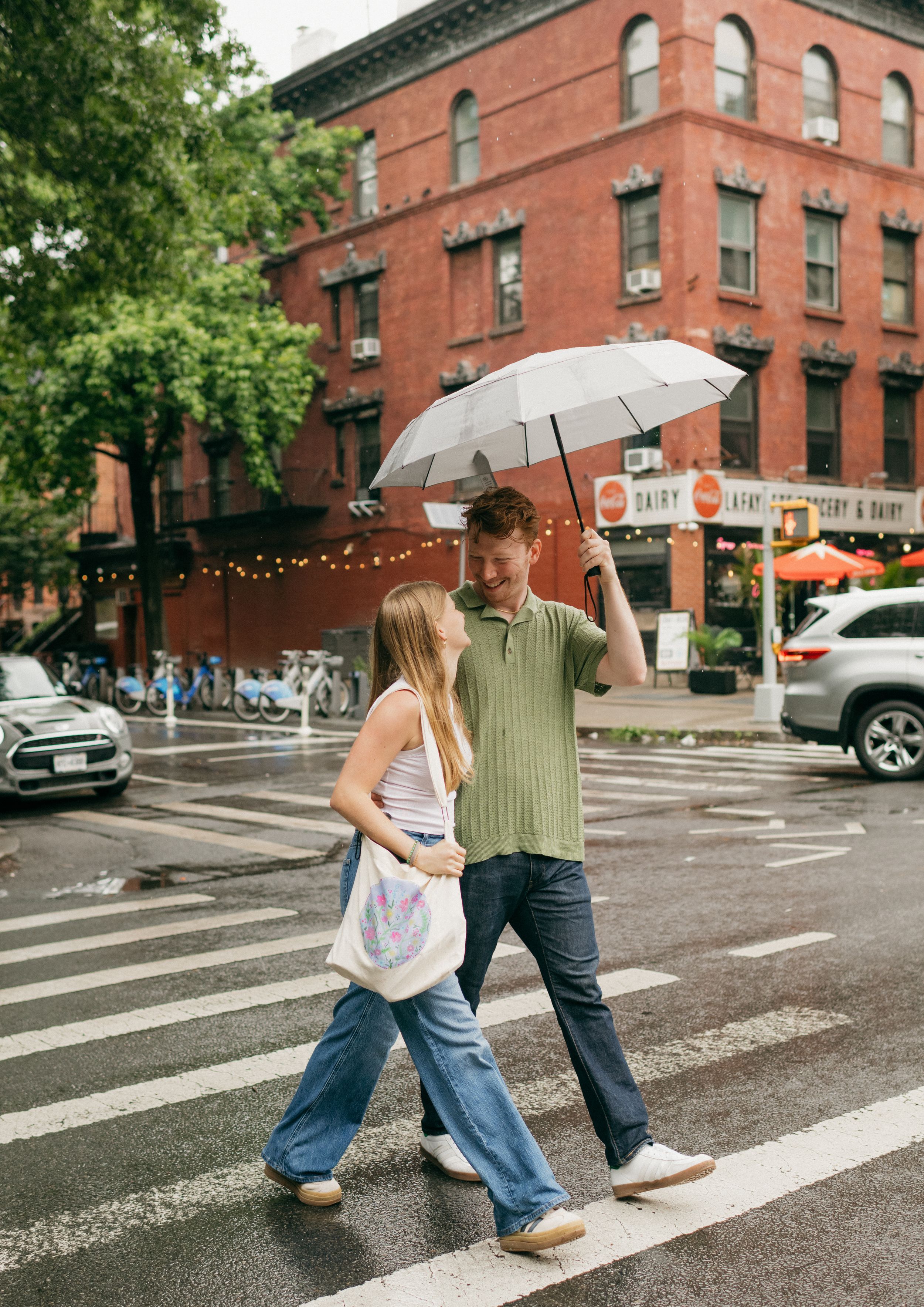 Couple walking under an umbrella on a rainy New York City street