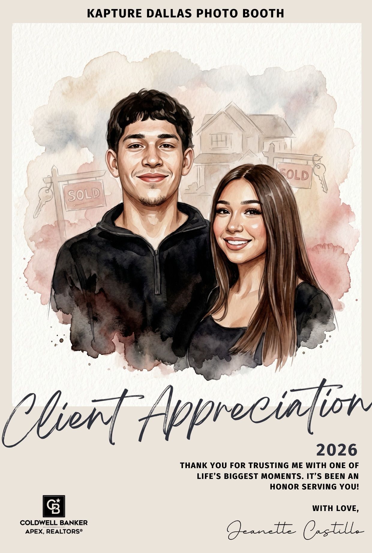 Coldwell Banker Client Appreciation 2026 watercolor portrait of a young couple with sold home signs, by Jeanette Castillo.