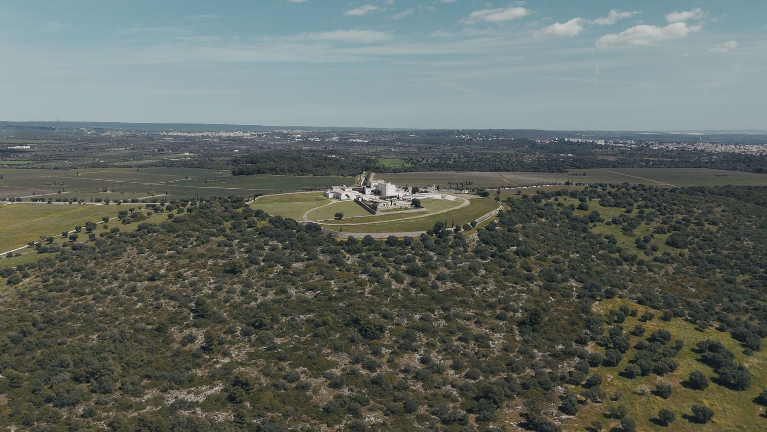 Aerial view of a historic estate surrounded by dense oak trees on a hilltop with vast plains stretching to the horizon.