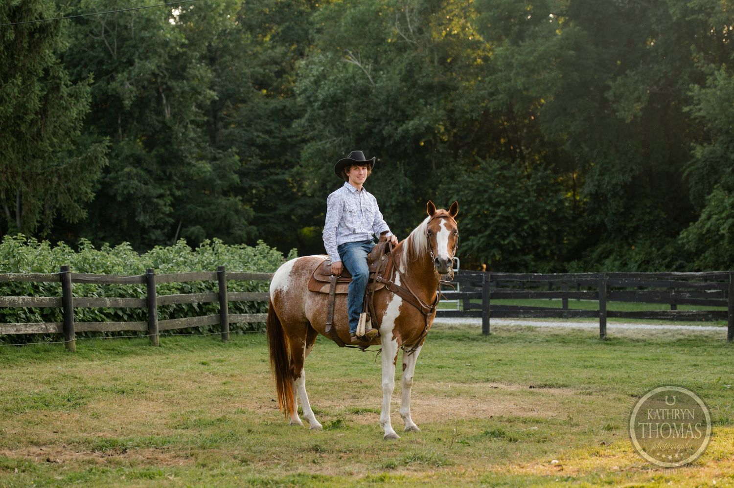 A paint horse with western tack stands in a fenced pasture during golden hour.