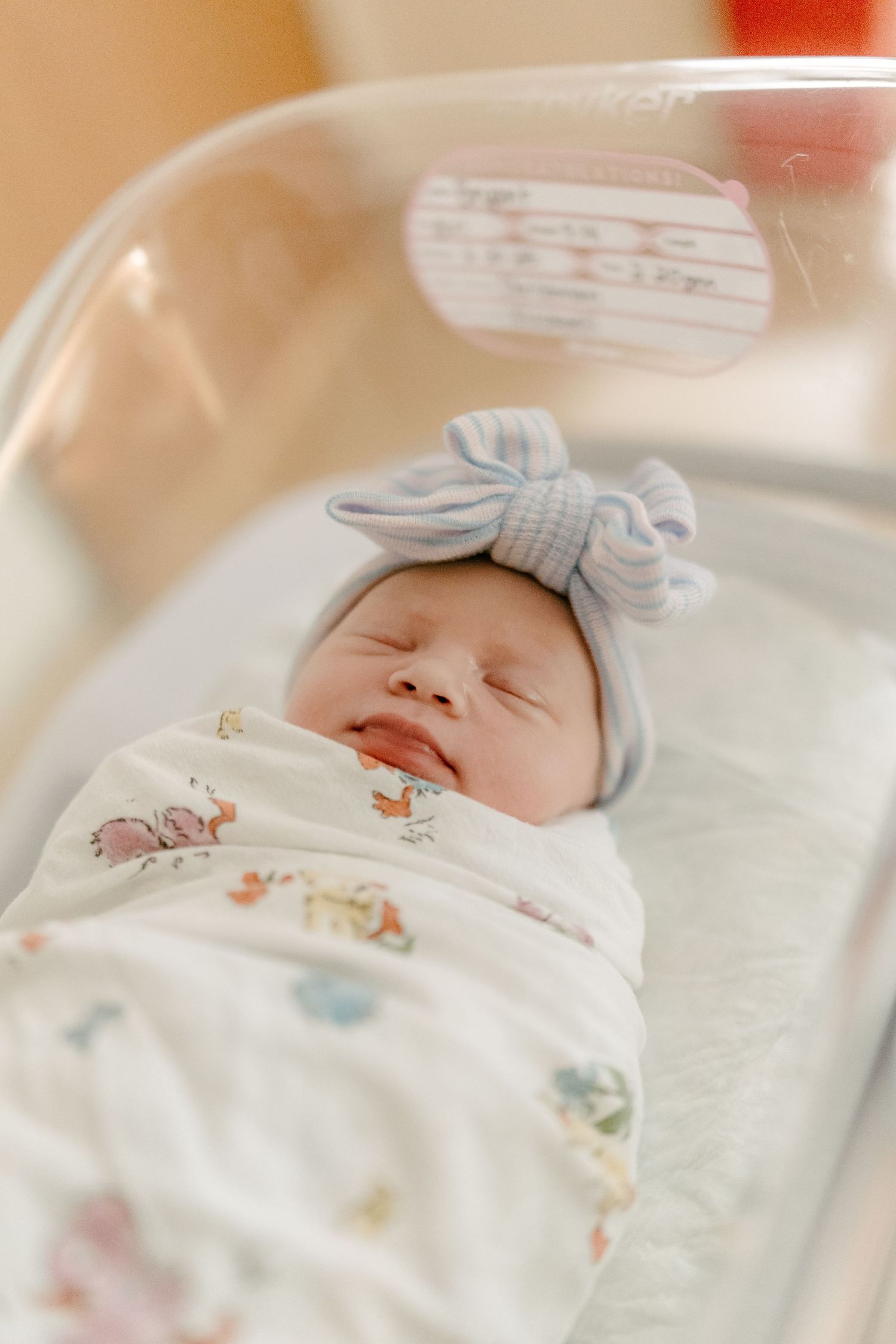 Newborn baby sleeping peacefully in white swaddle blanket with delicate animal print and blue bow headband.